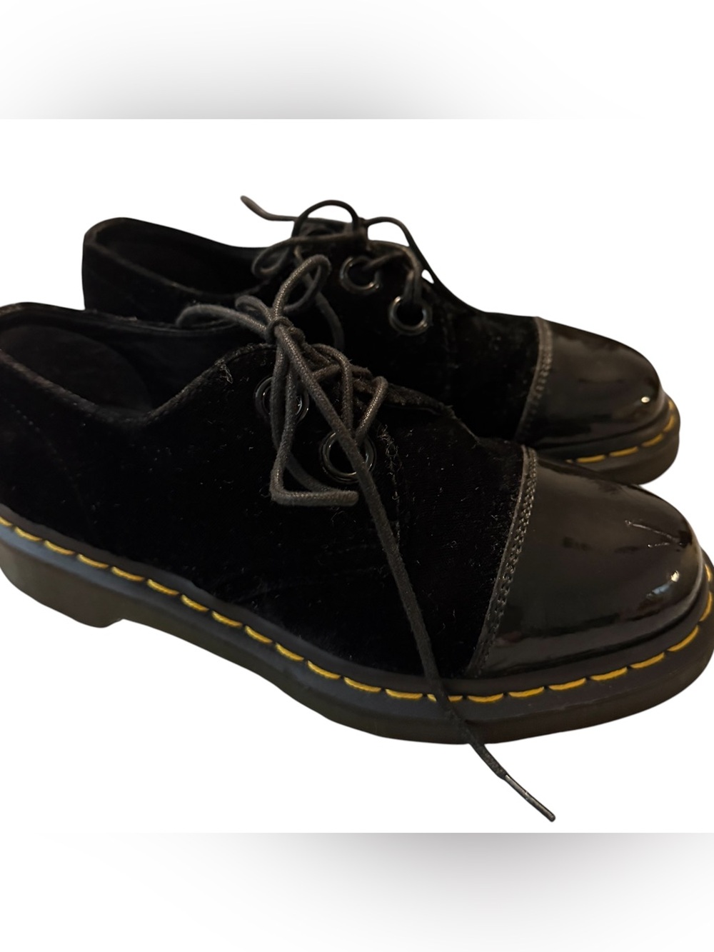 Dr Martens ~ Black Velvet Shoes ~ Velvet w/ Patent Leather Toes & Heel Strip - Picture 5 of 9